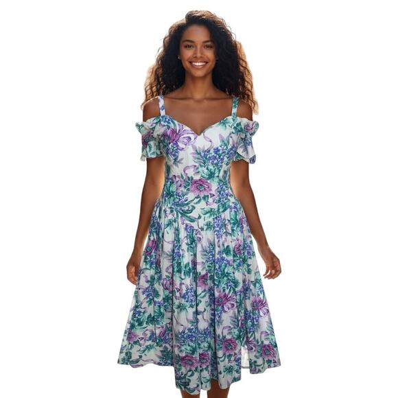 Vintage 80s Expo Petite Cold Shoulder Floral Midi Dress Purple Green Cotton -4 - Picture 1 of 11